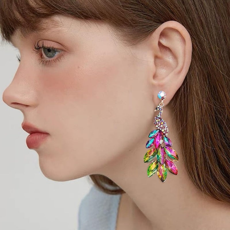 Dtja Vintage Peacock Dangle Earrings for Women 14K Gold Plated Green Crystal Feather Peafowl Statement Drop Dangling Stud Earring Boho Exaggerated Birthday Holiday Jewelry Gifts - Image 3